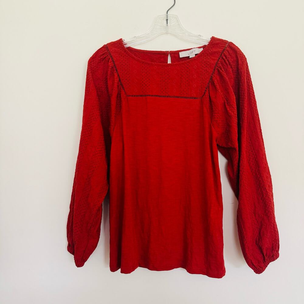 LOFT Womens Cotton Embroidered Floral Puff Peasant Loose Rust Smock Top Sz Small